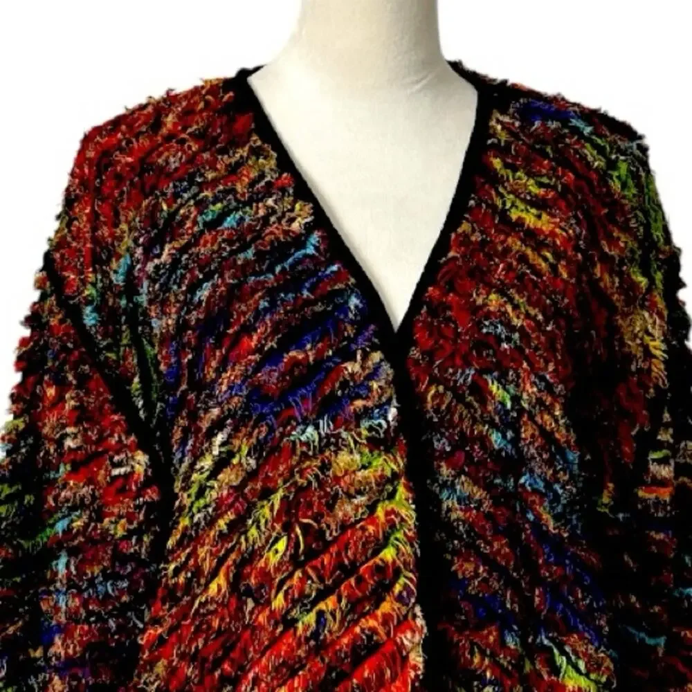 Yak Magik Sweater Cardigan Open Front Black Orange Multi Women’s Size Medium